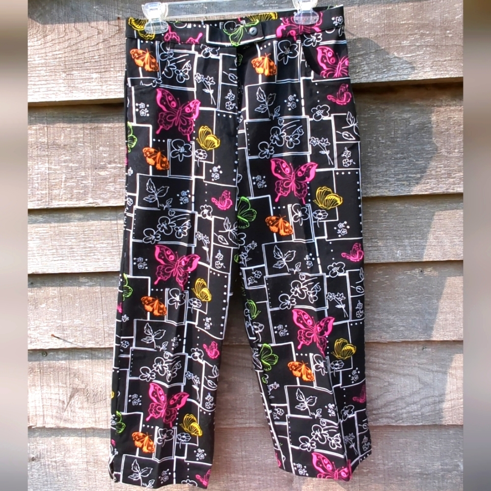 Ali Miles Cropped Pants Butterflies & Flowers Colorful Zipper Closure Size 8 New